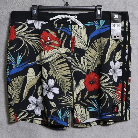 Hurley x 47 Arizona Diamondbacks Board Shorts Mens 40 Black Floral MLB Baseball - Picture 1 of 12